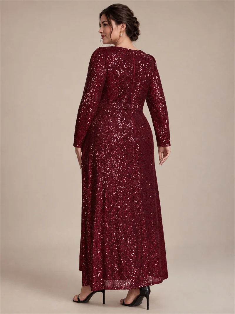 Robe longue à paillettes, manches longues et col V