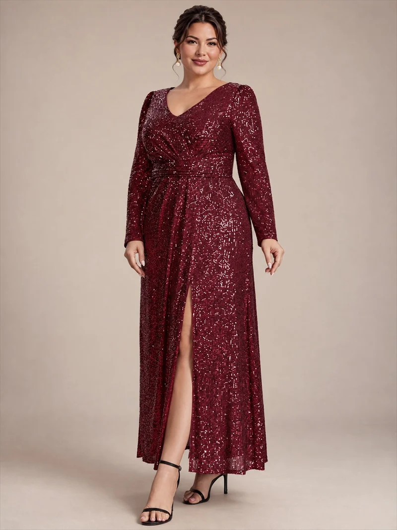 Robe longue à paillettes, manches longues et col V