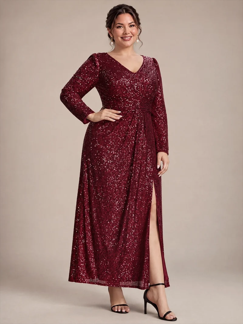 Robe longue à paillettes, manches longues et col V