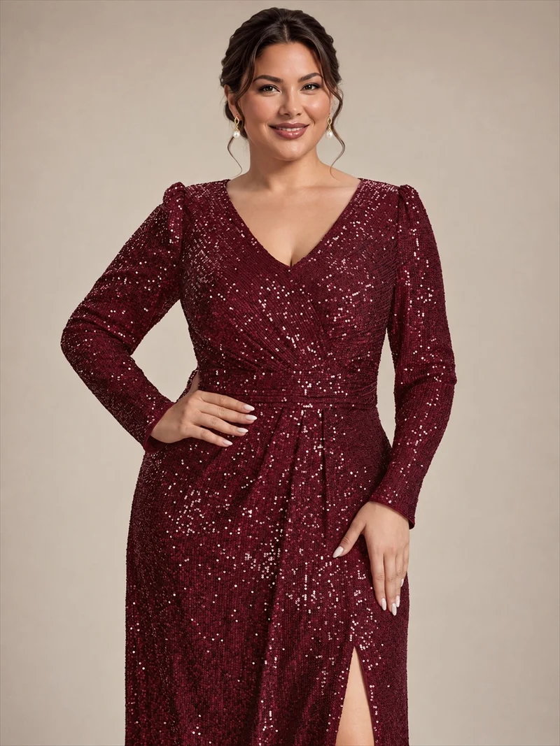 Robe longue à paillettes, manches longues et col V