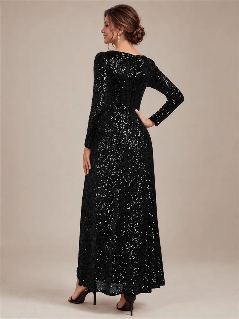 Robe longue à paillettes, manches longues et col V