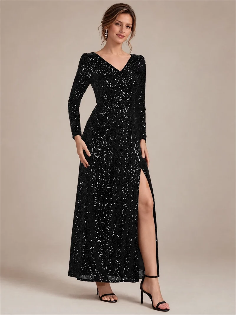 Robe longue à paillettes, manches longues et col V