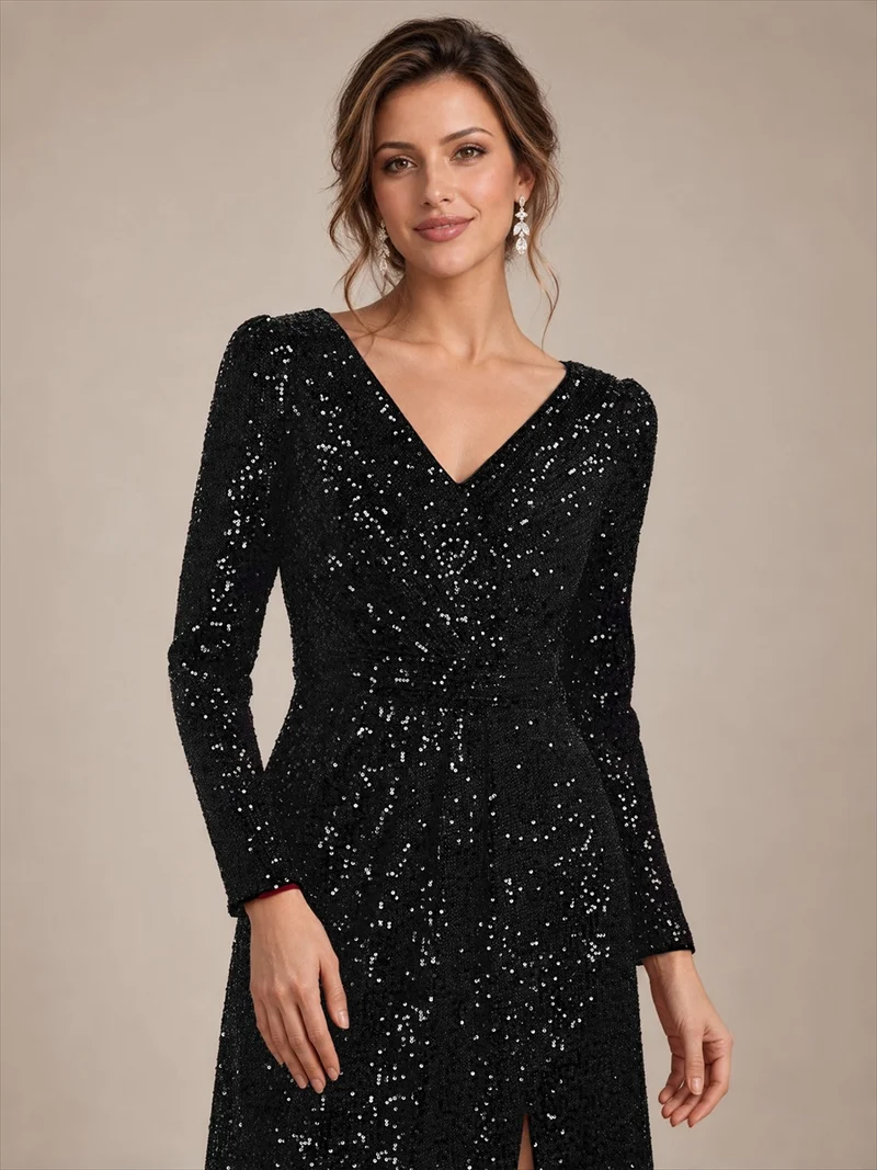 Robe longue à paillettes, manches longues et col V