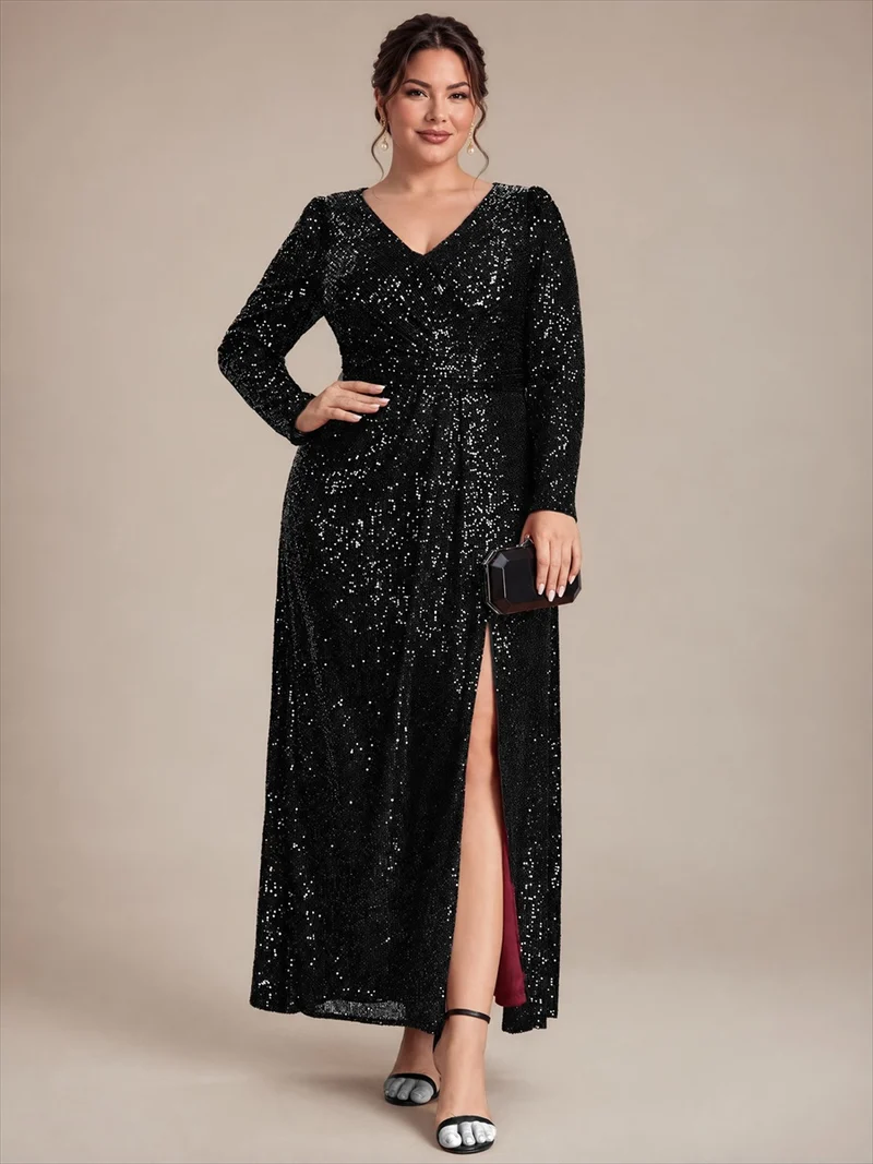 Robe longue à paillettes, manches longues et col V