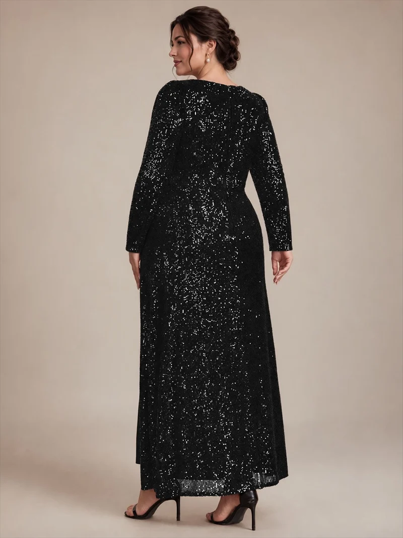 Robe longue à paillettes, manches longues et col V