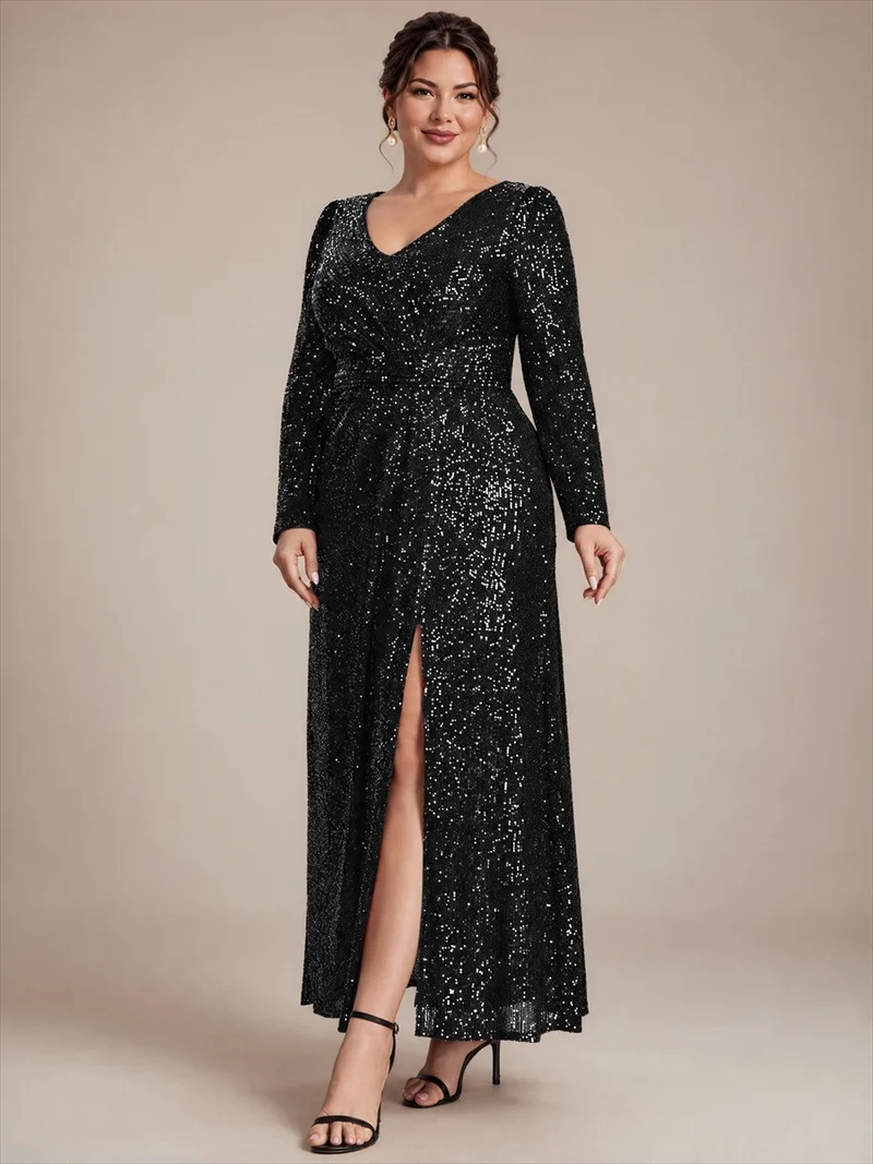 Robe longue à paillettes, manches longues et col V