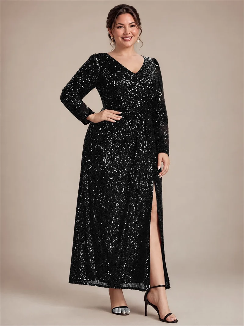 Robe longue à paillettes, manches longues et col V