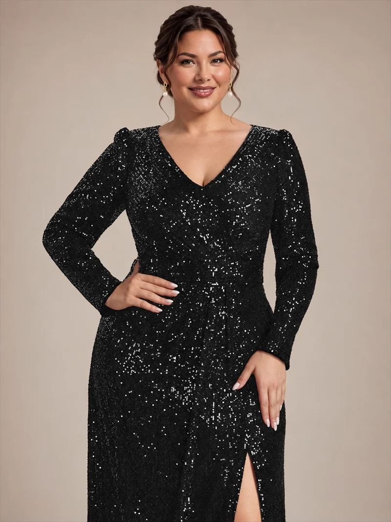 Robe longue à paillettes, manches longues et col V