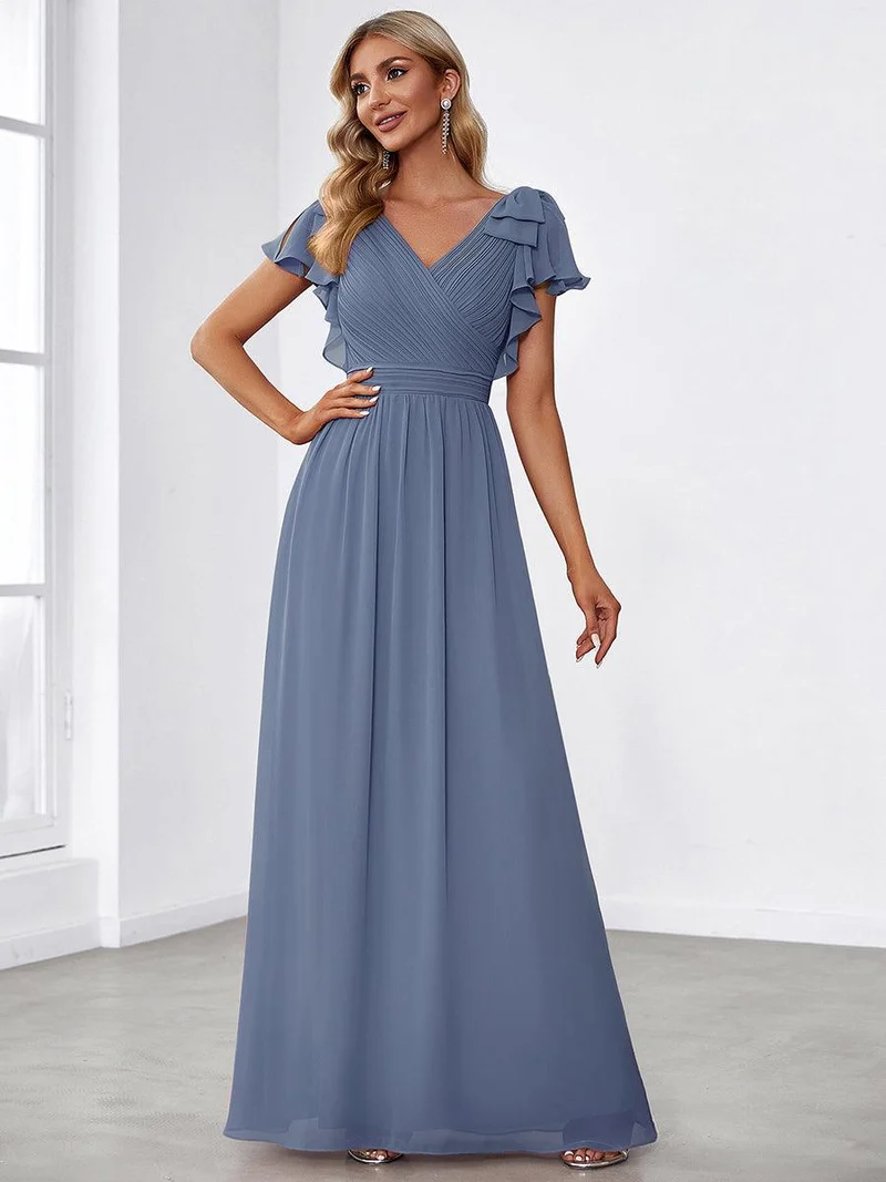 ever AVELYN|Robe Demoiselle d'Honneur Longue en Mousseline avec Manches à Volants