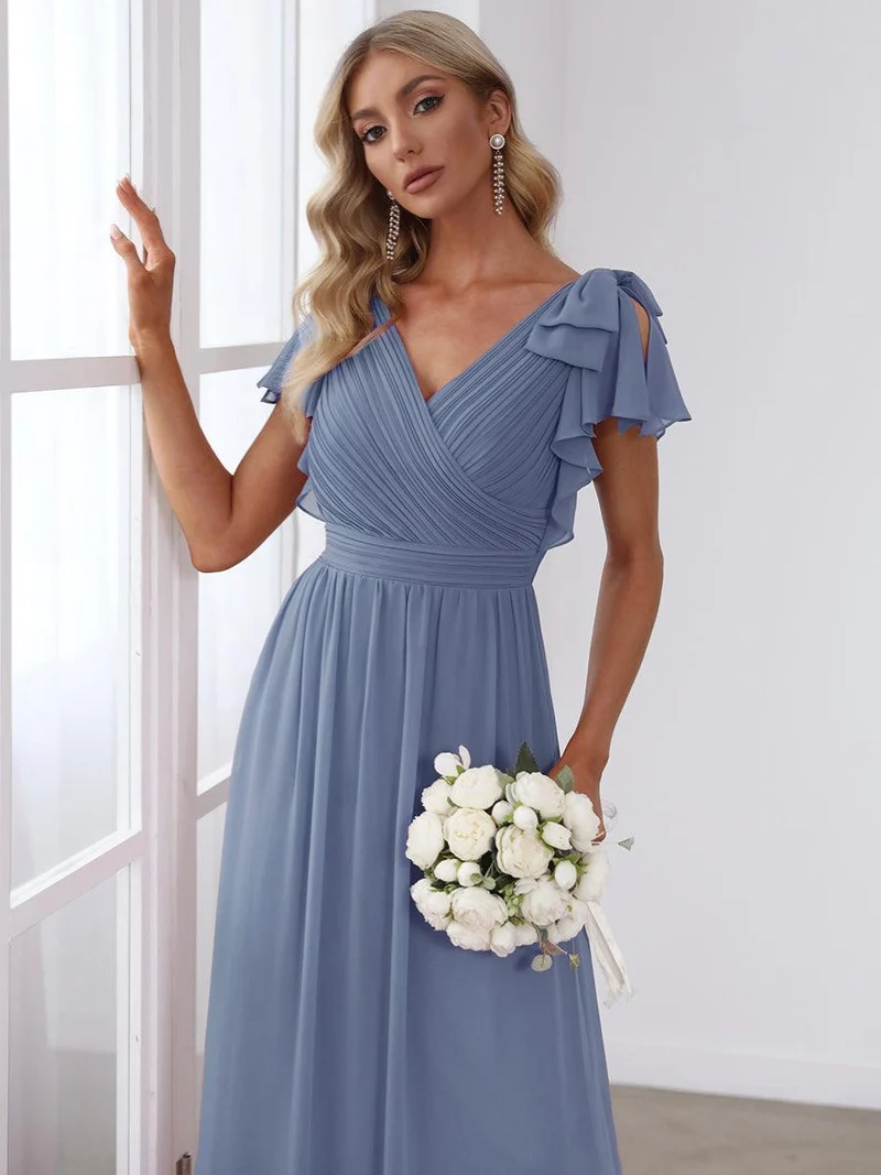 ever AVELYN|Robe Demoiselle d'Honneur Longue en Mousseline avec Manches à Volants