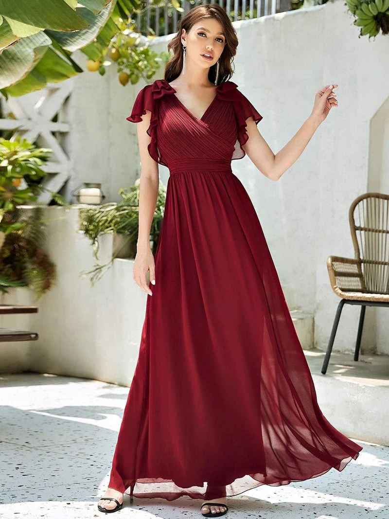 ever AVELYN|Robe Demoiselle d'Honneur Longue en Mousseline avec Manches à Volants