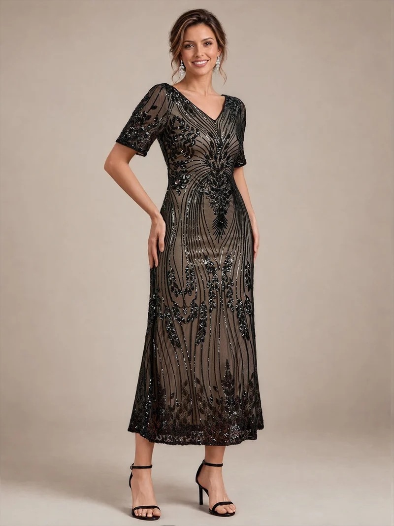 Robe midi à paillettes avec manches courtes