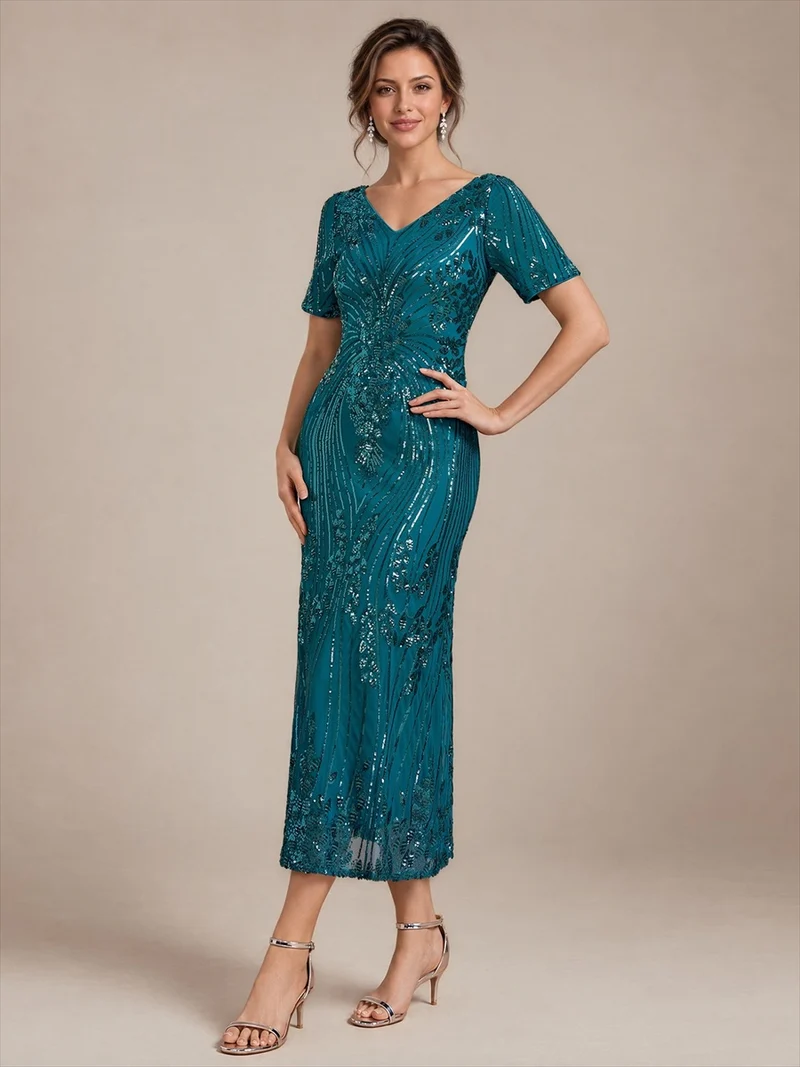 Robe midi à paillettes avec manches courtes