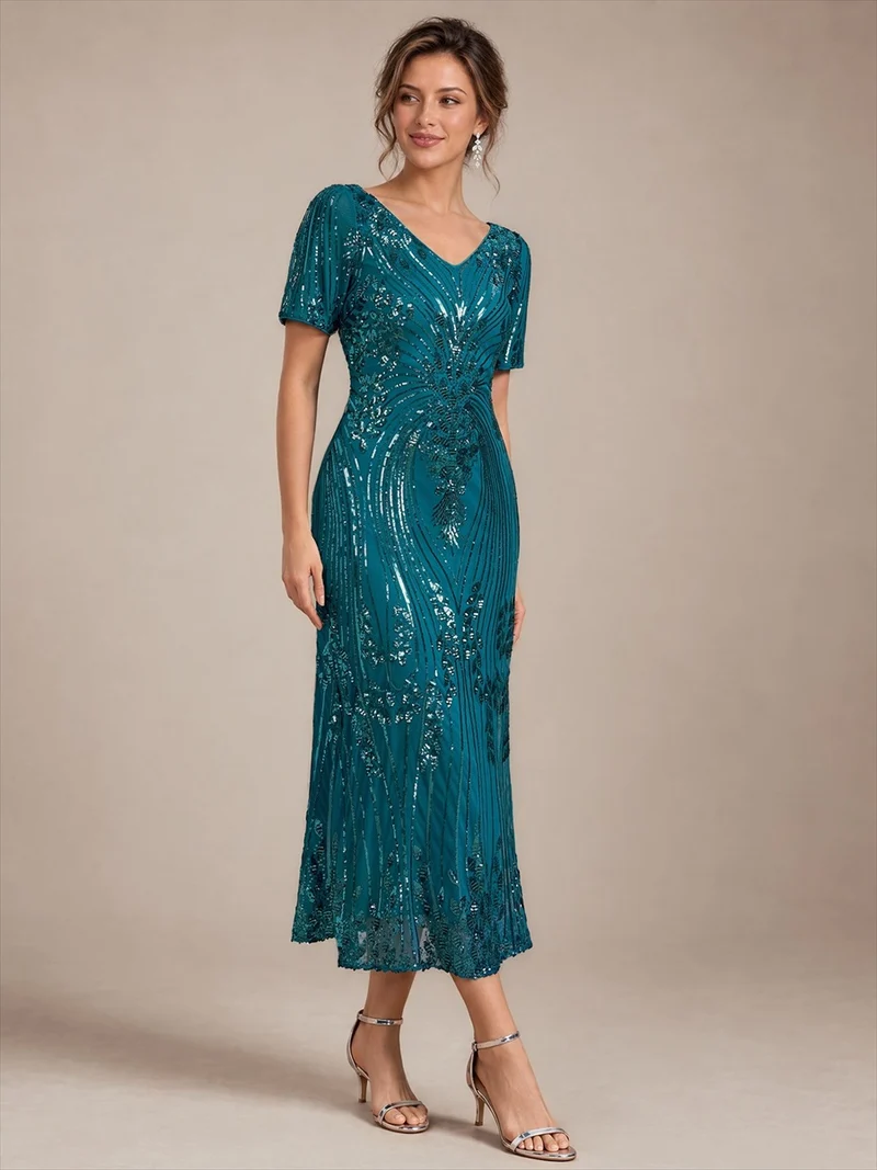 Robe midi à paillettes avec manches courtes