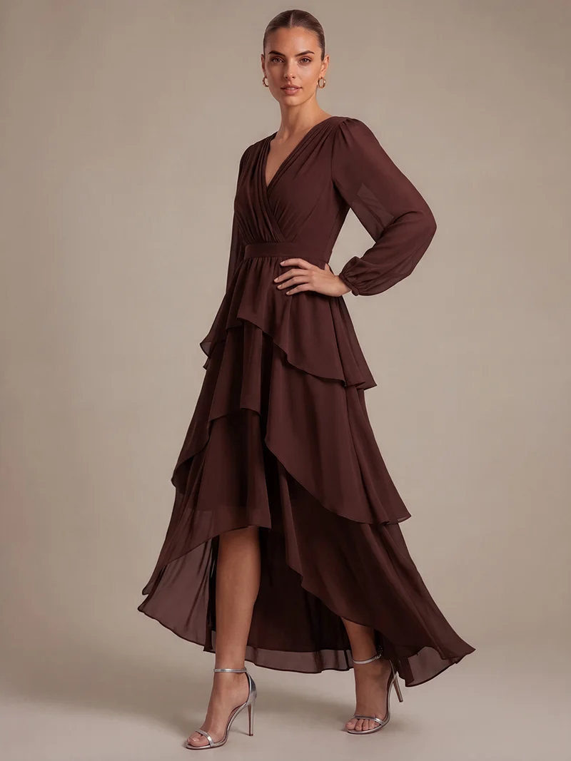 Robe longue en mousseline à manches longues avec volants