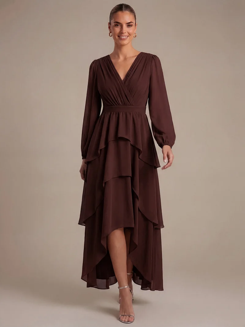 Robe longue en mousseline à manches longues avec volants