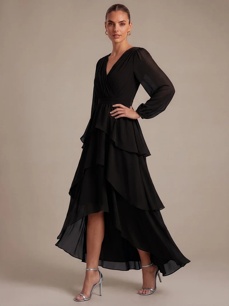 Robe longue en mousseline à manches longues avec volants