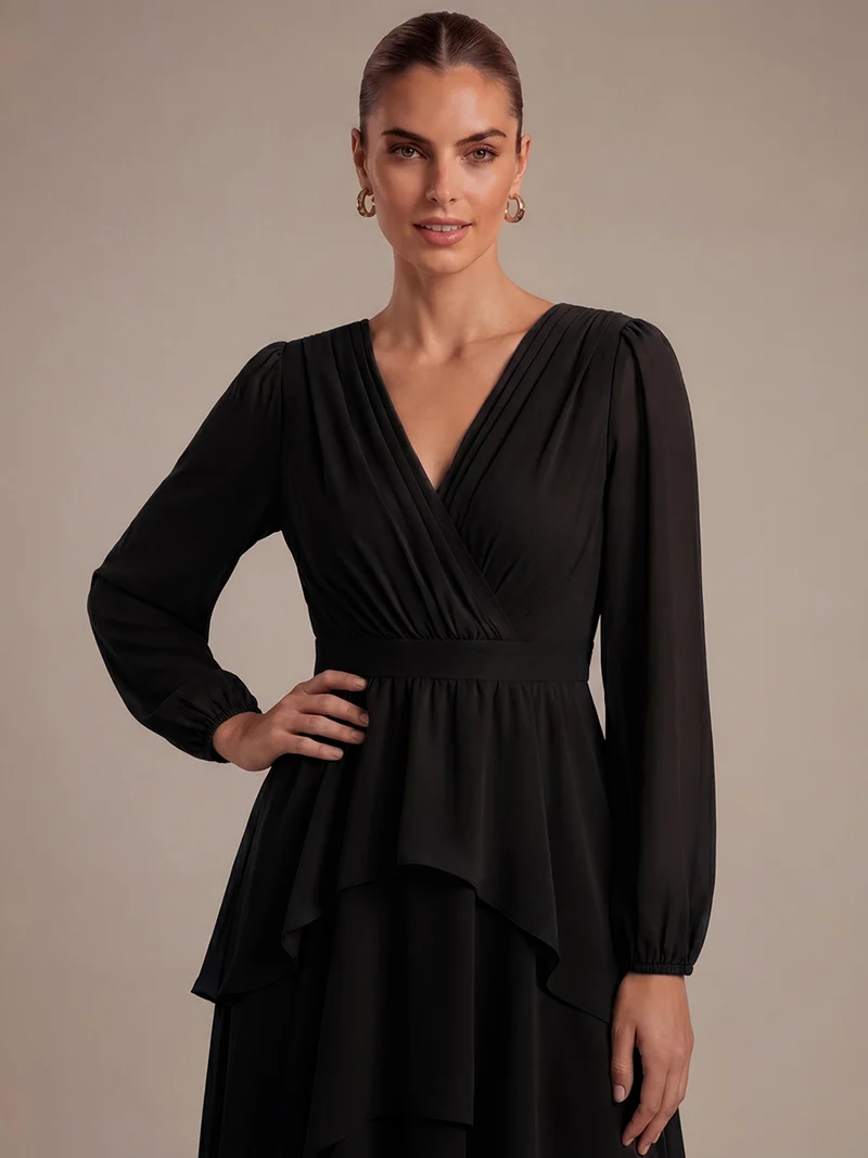 Robe longue en mousseline à manches longues avec volants