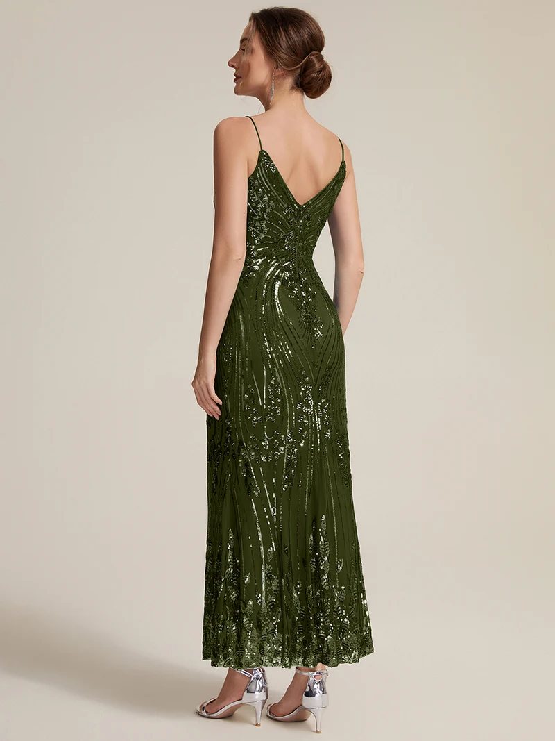 Robe fourreau à paillettes avec col V et fines bretelles