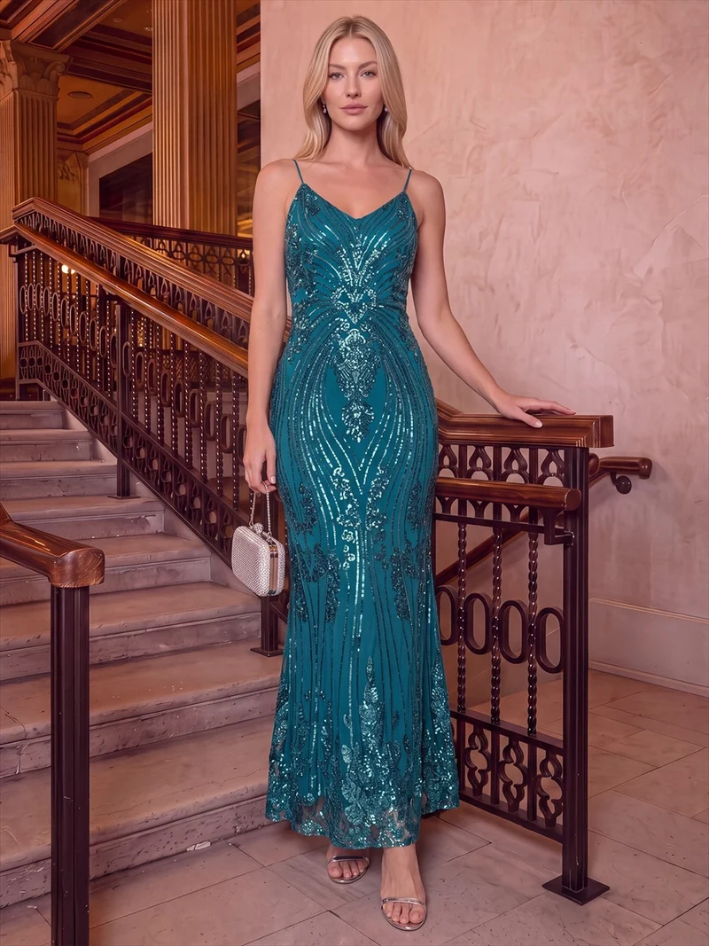 Robe fourreau à paillettes avec col V et fines bretelles