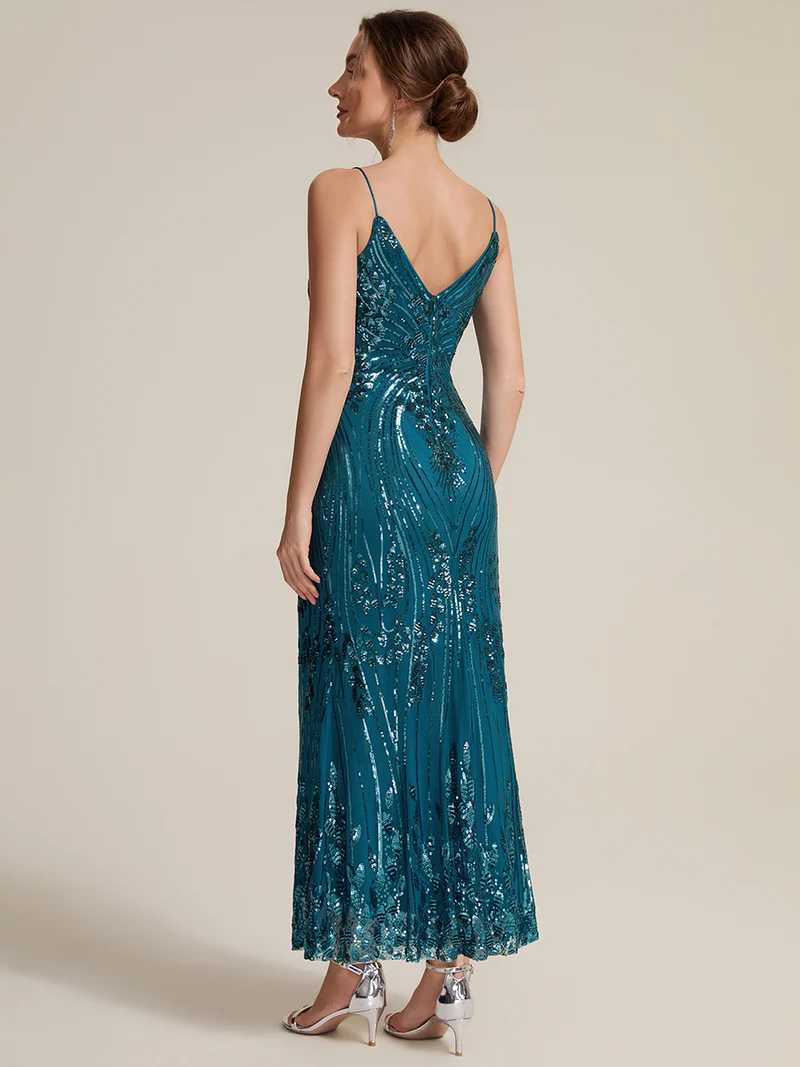 Robe fourreau à paillettes avec col V et fines bretelles