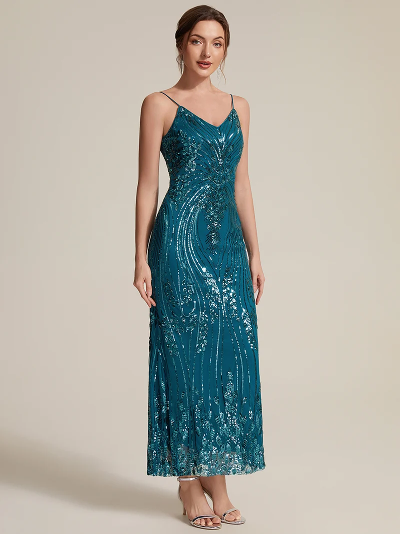 Robe fourreau à paillettes avec col V et fines bretelles
