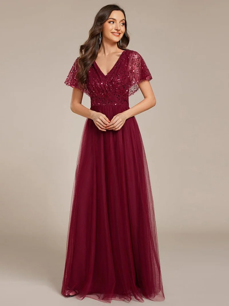 ever NAVEYA|Robe de soirée formelle en tulle à sequins scintillants et col en V (Vente Finale)
