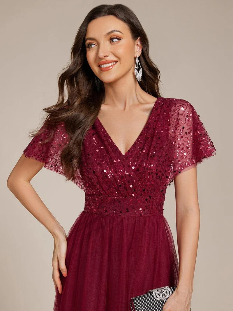 ever NAVEYA|Robe de soirée formelle en tulle à sequins scintillants et col en V (Vente Finale)