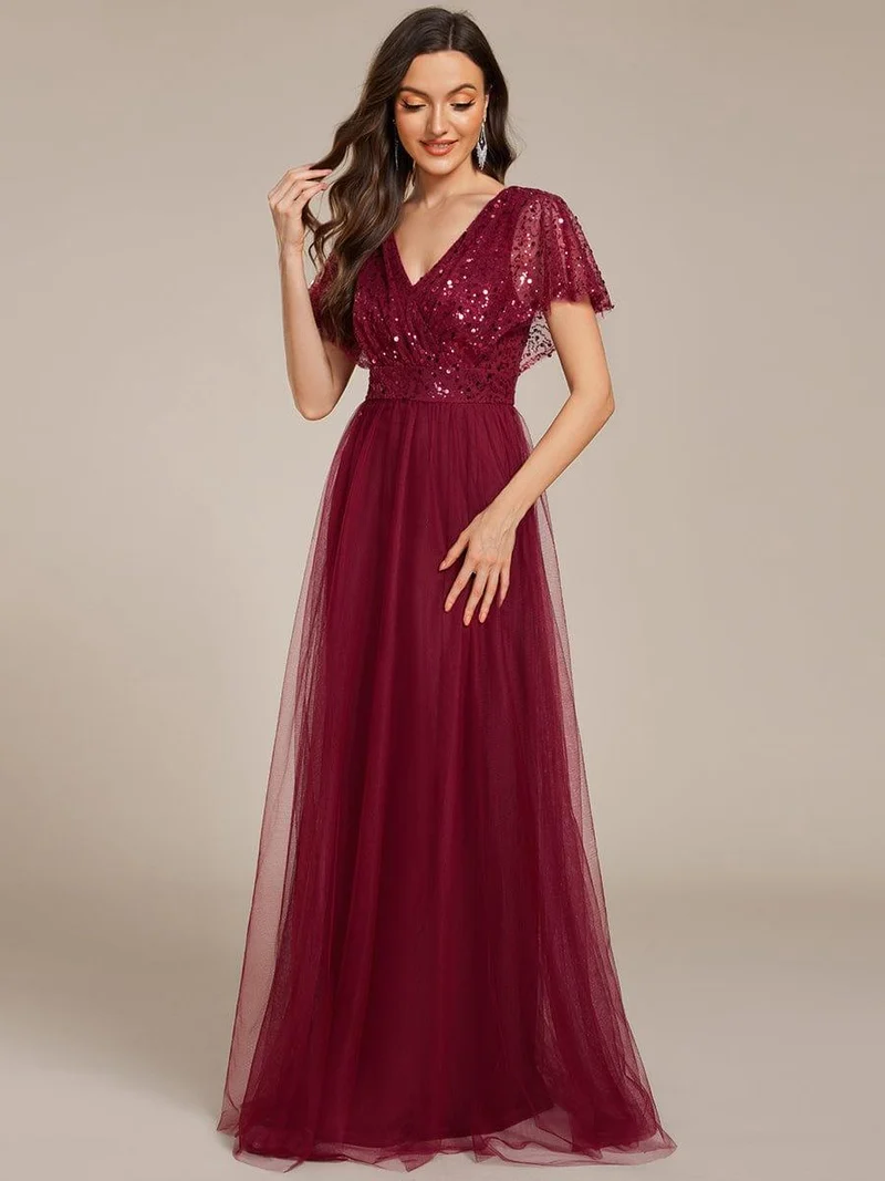 ever NAVEYA|Robe de soirée formelle en tulle à sequins scintillants et col en V (Vente Finale)