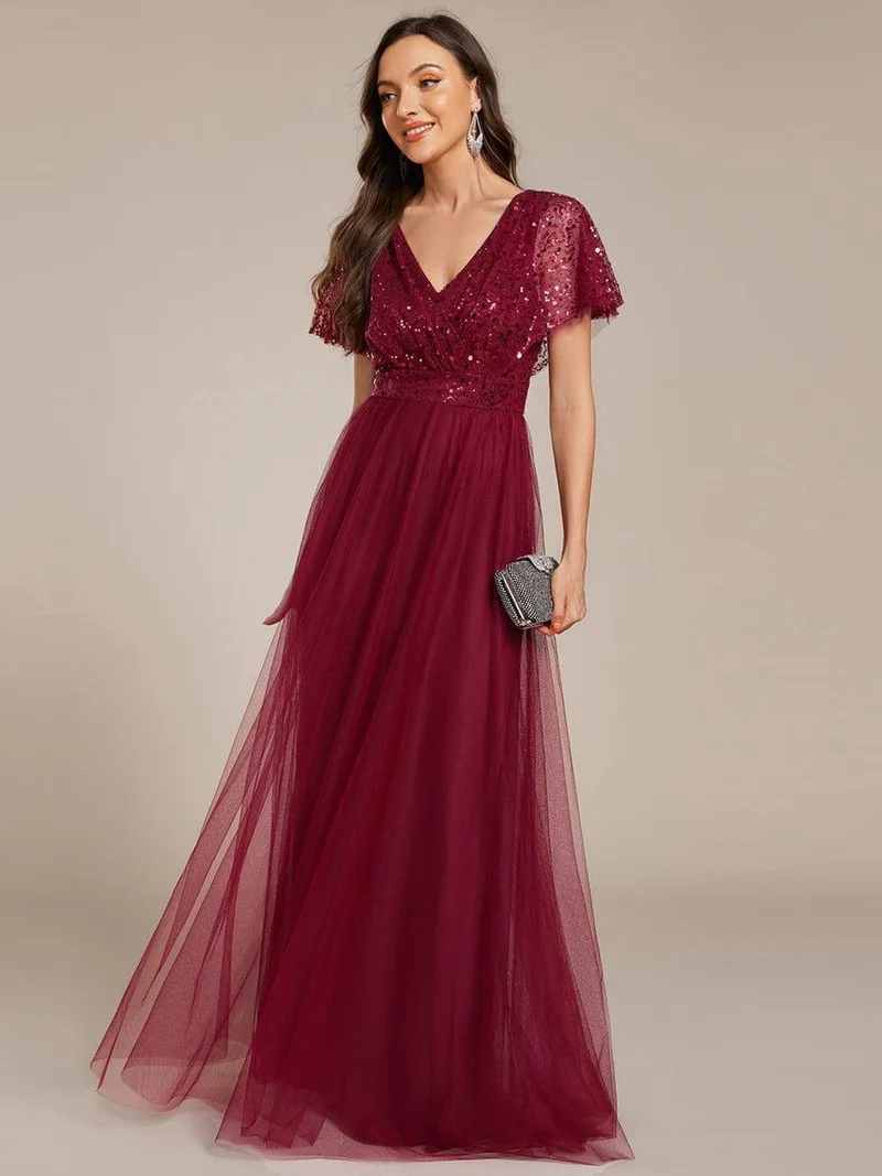 ever NAVEYA|Robe de soirée formelle en tulle à sequins scintillants et col en V (Vente Finale)