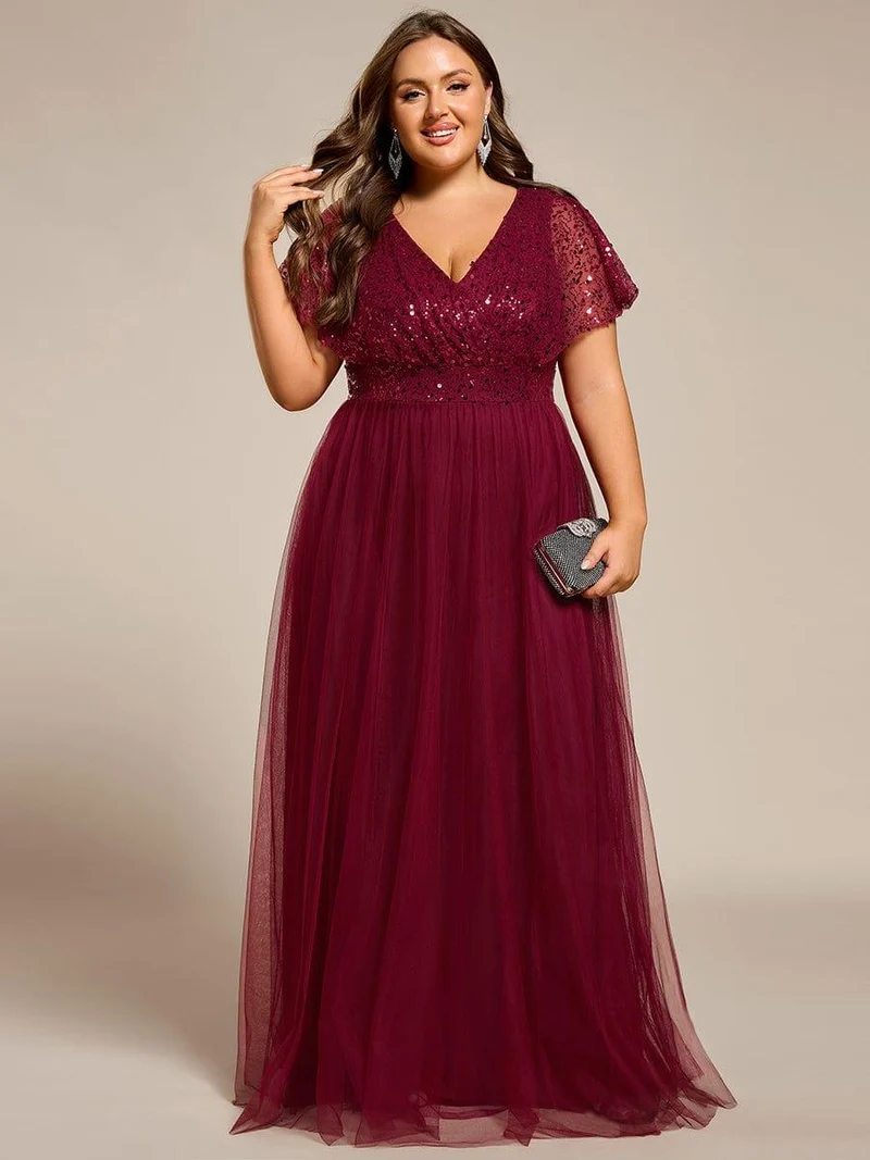 ever NAVEYA|Robe de soirée formelle en tulle à sequins scintillants et col en V (Vente Finale)