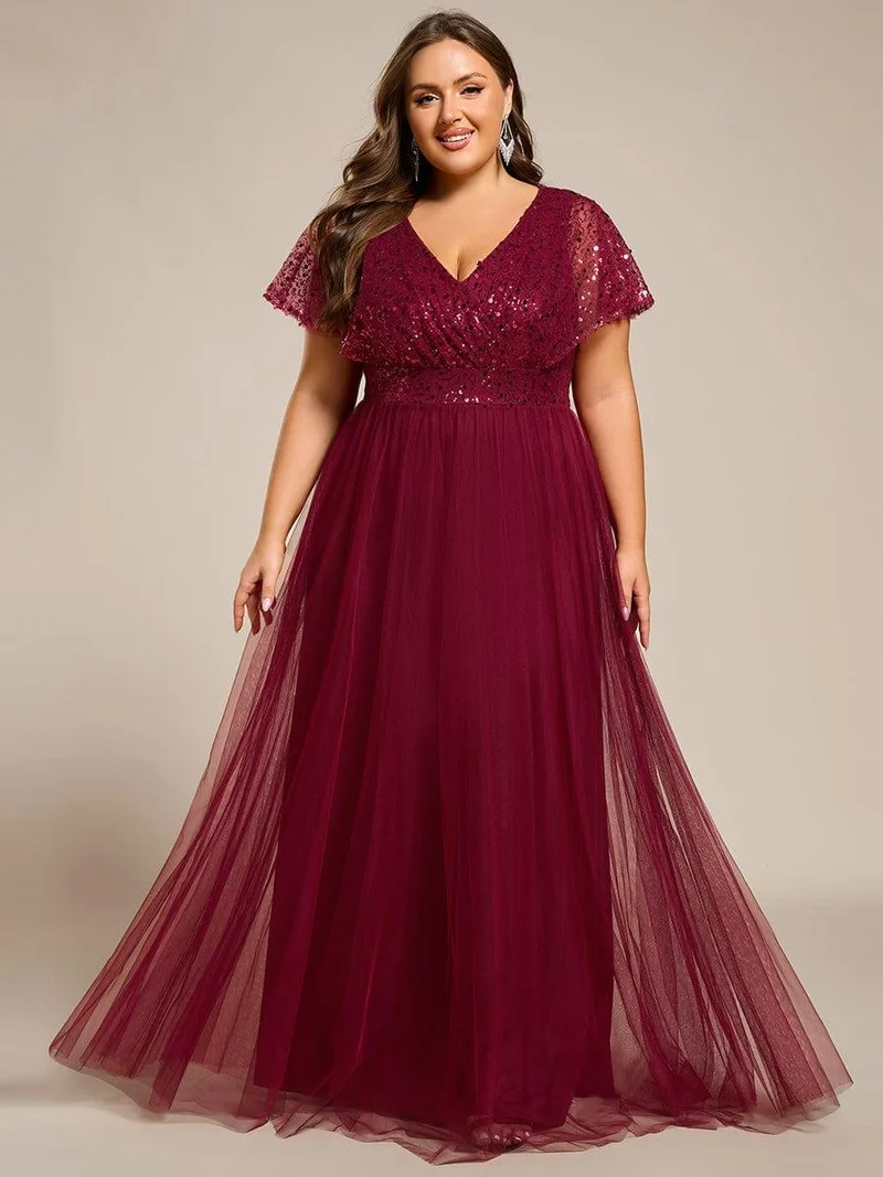 ever NAVEYA|Robe de soirée formelle en tulle à sequins scintillants et col en V (Vente Finale)