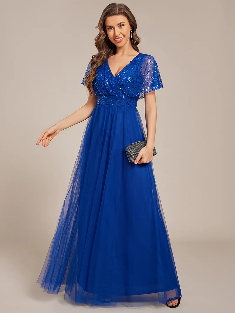 ever NAVEYA|Robe de soirée formelle en tulle à sequins scintillants et col en V (Vente Finale)