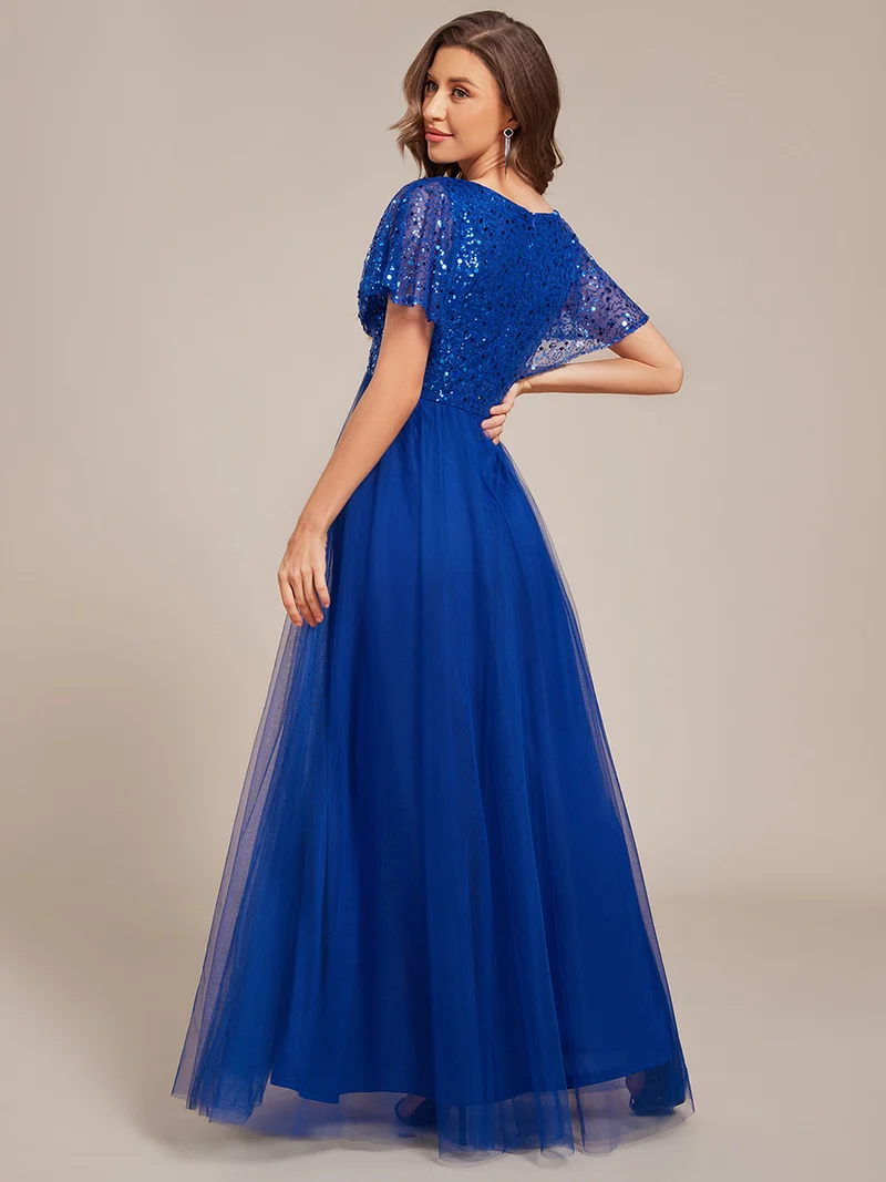ever NAVEYA|Robe de soirée formelle en tulle à sequins scintillants et col en V (Vente Finale)