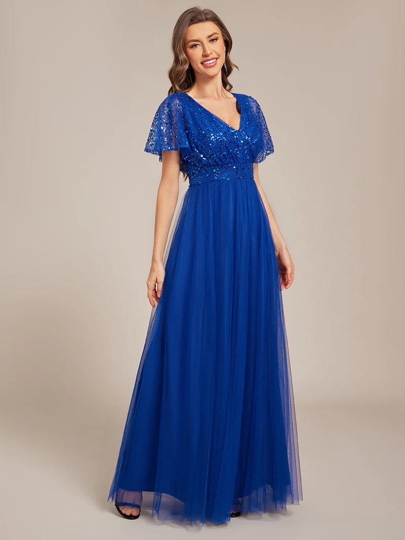 ever NAVEYA|Robe de soirée formelle en tulle à sequins scintillants et col en V (Vente Finale)