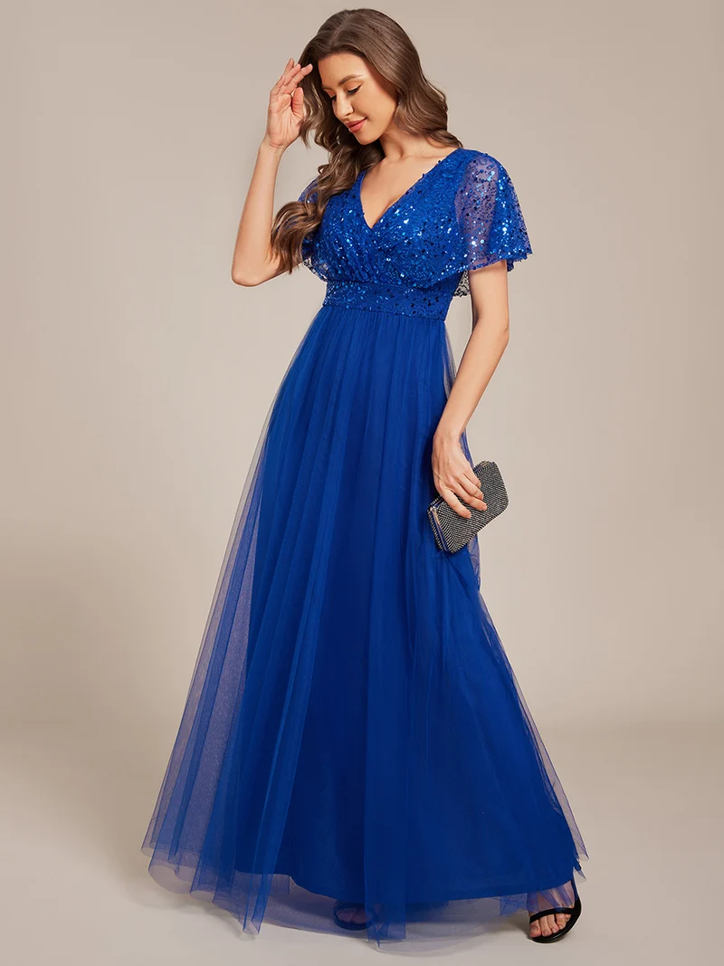 ever NAVEYA|Robe de soirée formelle en tulle à sequins scintillants et col en V (Vente Finale)