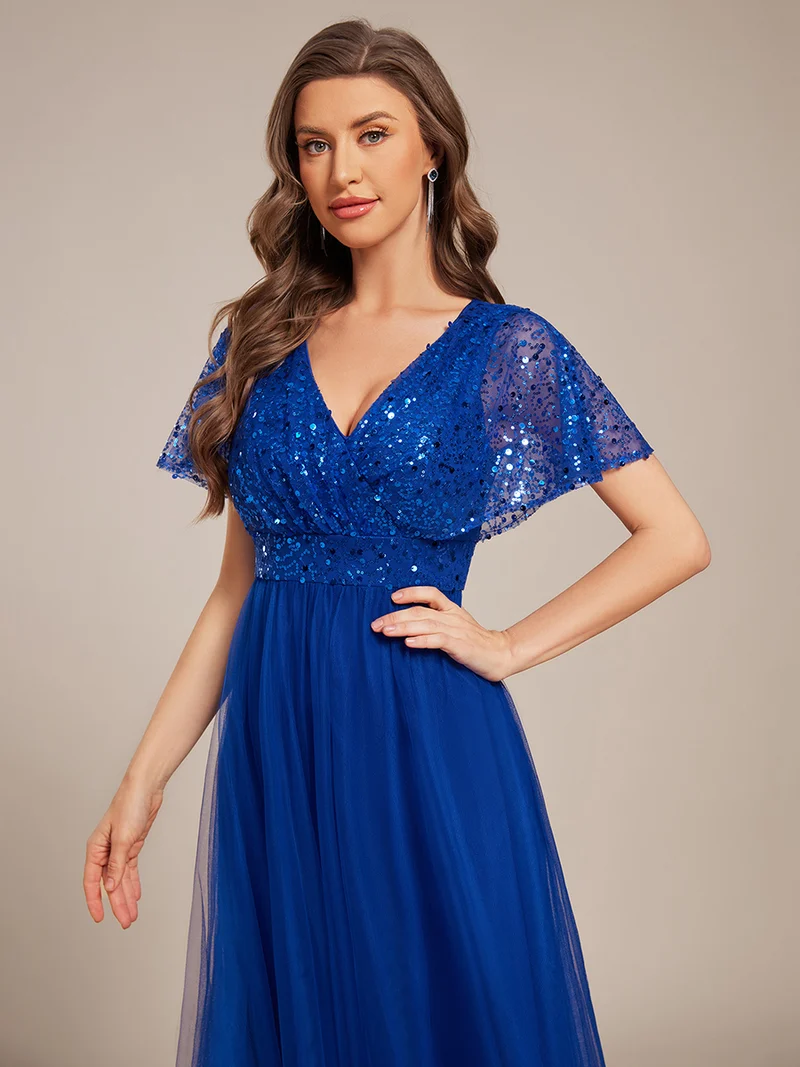 ever NAVEYA|Robe de soirée formelle en tulle à sequins scintillants et col en V (Vente Finale)