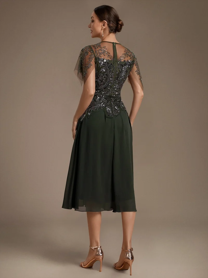 Robe midi en tulle ornée de perles et de paillettes, avec manches volantées