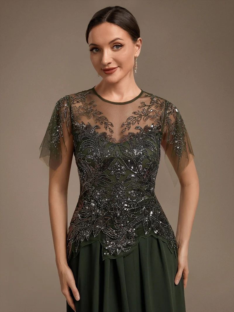 Robe midi en tulle ornée de perles et de paillettes, avec manches volantées