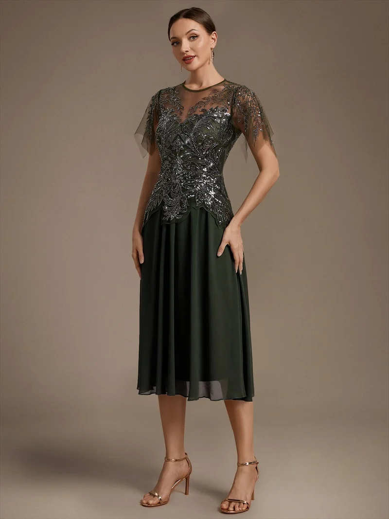 Robe midi en tulle ornée de perles et de paillettes, avec manches volantées