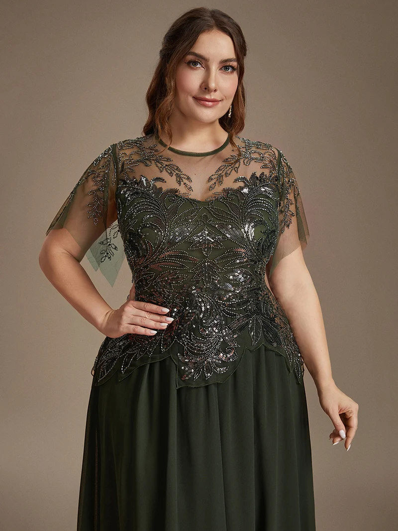 Robe midi en tulle ornée de perles et de paillettes, avec manches volantées