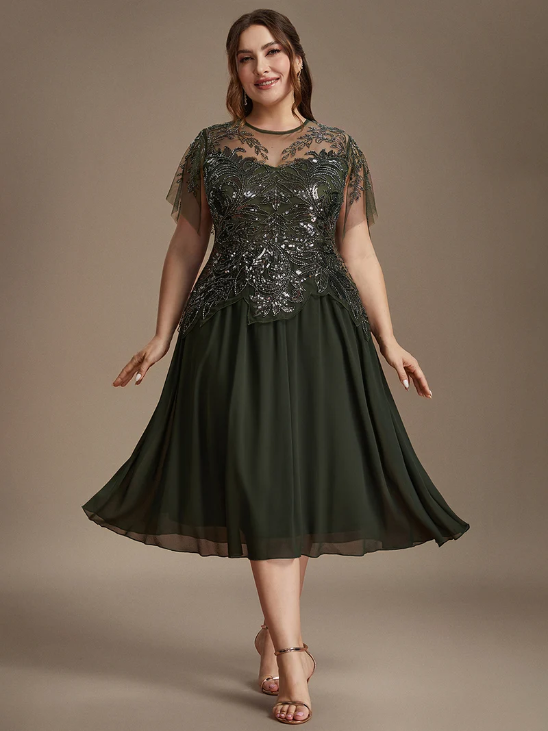 Robe midi en tulle ornée de perles et de paillettes, avec manches volantées