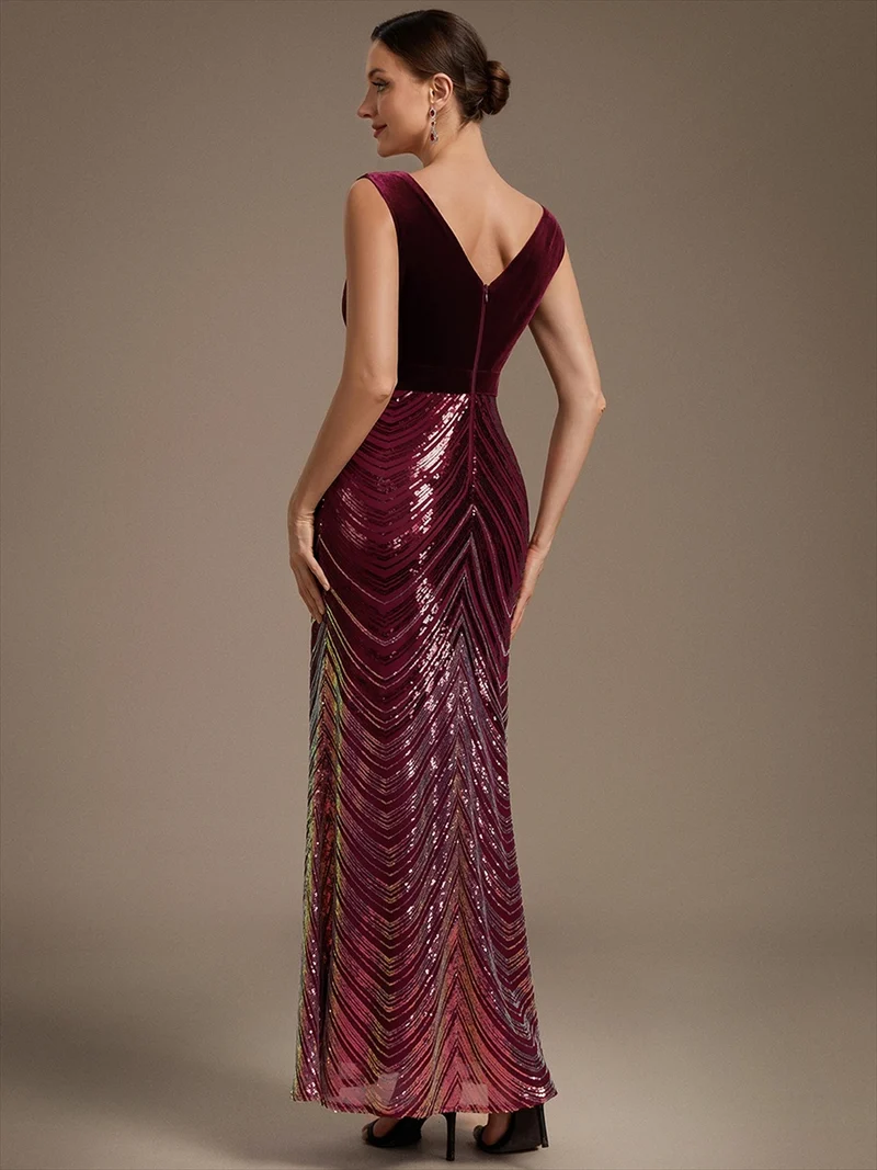 Robe longue sirène à paillettes dégradées avec col V