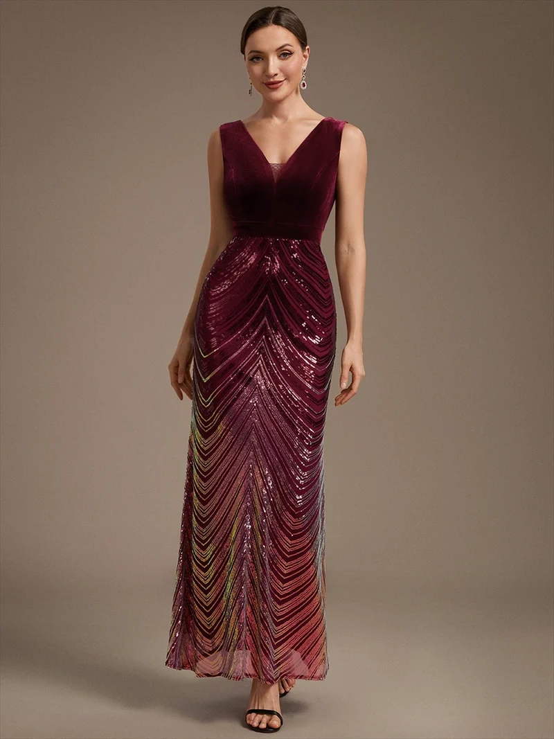 Robe longue sirène à paillettes dégradées avec col V