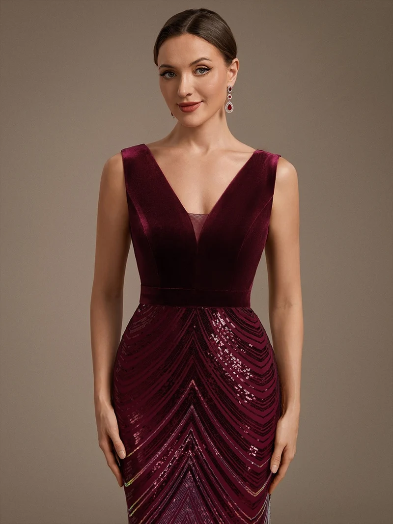 Robe longue sirène à paillettes dégradées avec col V