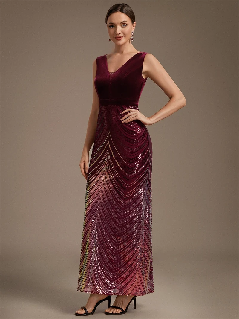 Robe longue sirène à paillettes dégradées avec col V