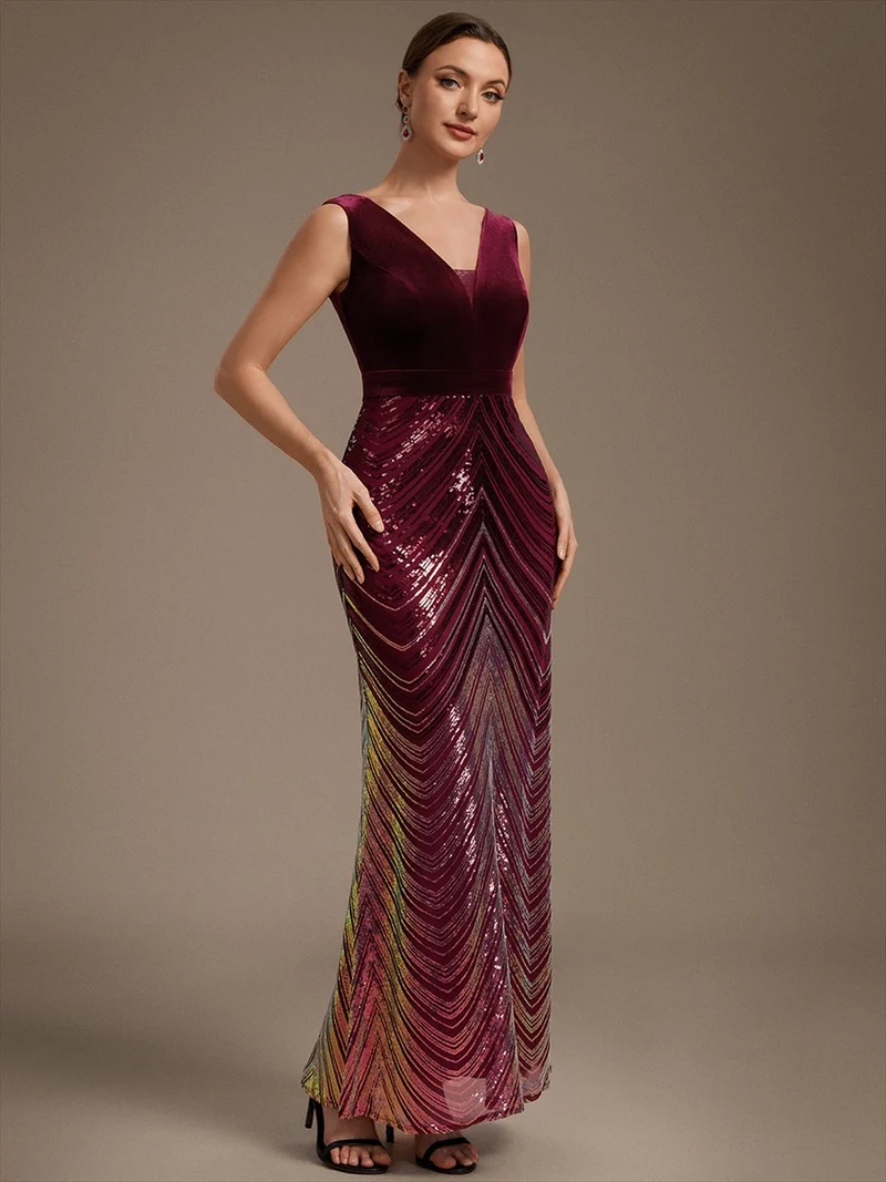 Robe longue sirène à paillettes dégradées avec col V