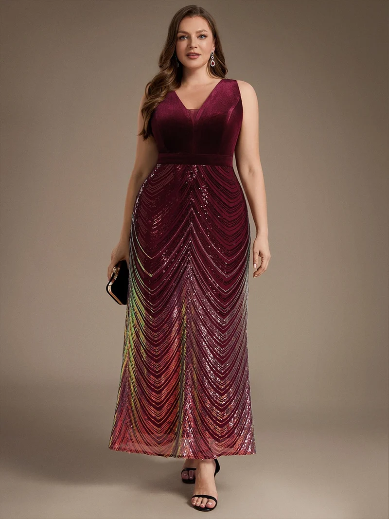 Robe longue sirène à paillettes dégradées avec col V