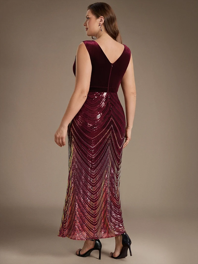 Robe longue sirène à paillettes dégradées avec col V