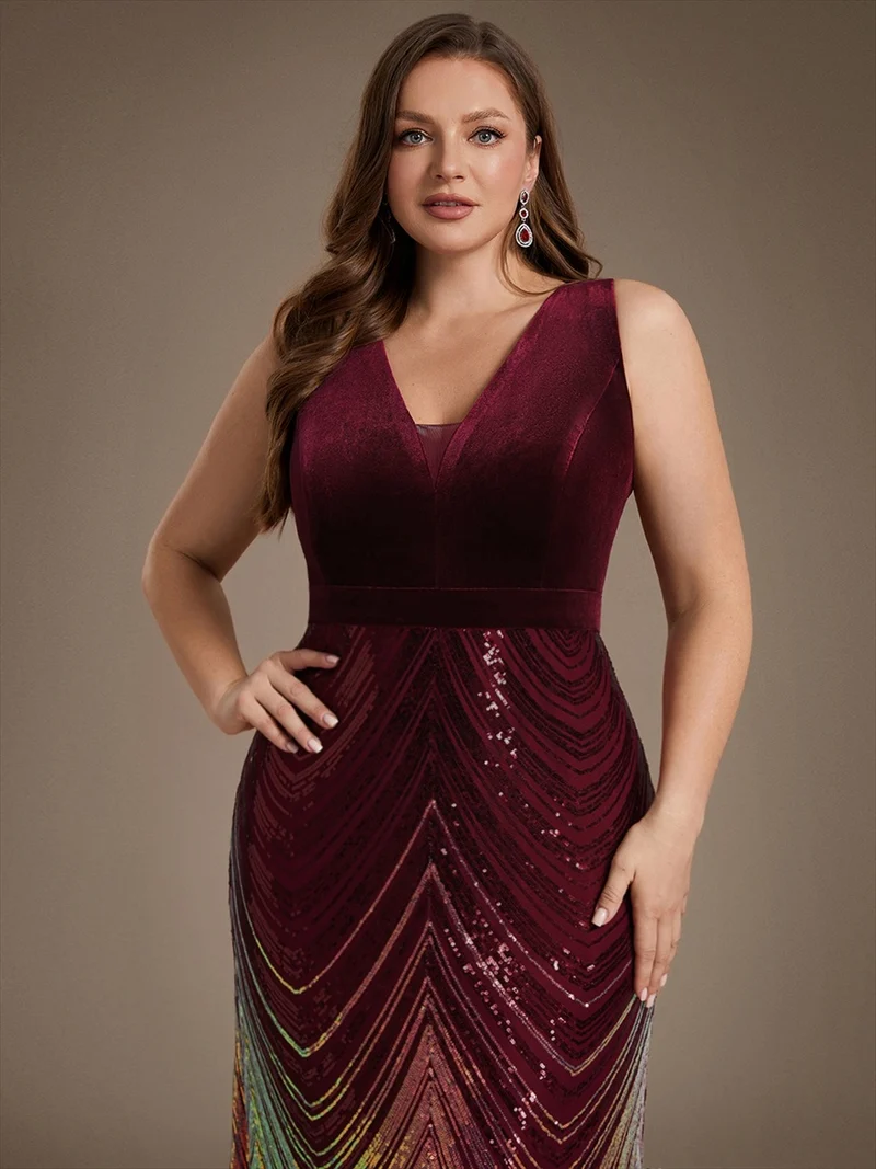 Robe longue sirène à paillettes dégradées avec col V
